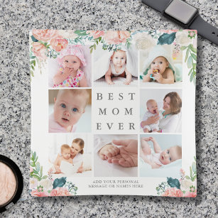 BEST MOM EVER 8 Photo Collage Floral Custom Text Trinket Trays