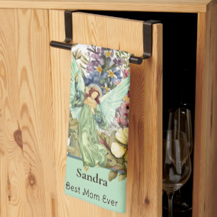 Best Mom Ever, Angel and wildflowers floral  Kitchen Towel