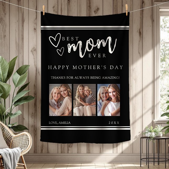 Best Mom Ever Black Modern Photo Collage  Fleece Blanket (Best Mom Ever Black Modern Photo Collage Fleece Blanket)