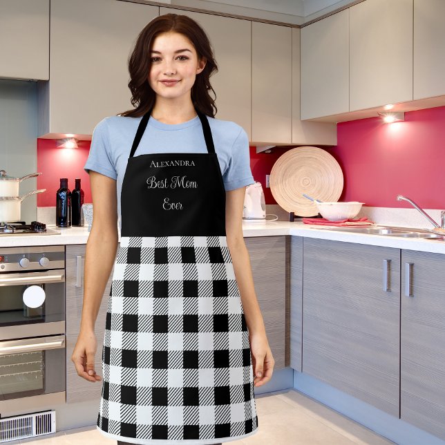 Best Mom Ever Buffalo Plaid Black White Apron (Creator Uploaded)