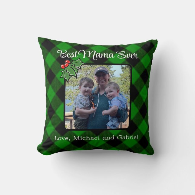 Best Mom ever Christmas classic green Plaid Holly  Throw Pillow (Front)