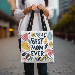 Best Mom Ever Colourful Hearts and Flowers Mother' Tote Bag