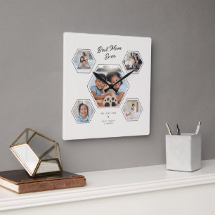 Best Mom Ever Custom  5 Photo Collage Modern Square Wall Clock