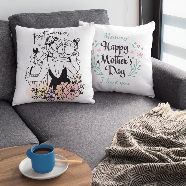 Best Mom Ever Custom Mother’s Day with Flowers  Throw Pillow (Best Mom ever mum, custom children and flowers Throw Pillow)