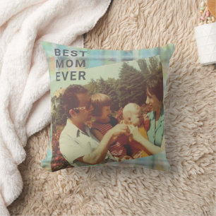 Best Mom Ever custom photo keepsake plaid pastel Throw Pillow