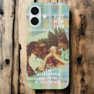 Best Mom Ever custom photo plaid pastel green cyan iPhone 16 Case