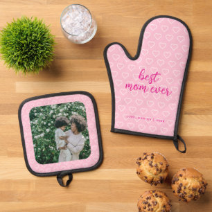 Best Mom Ever Cute Pink Heart Pattern Photo Trendy Oven Mitt & Pot Holder Set