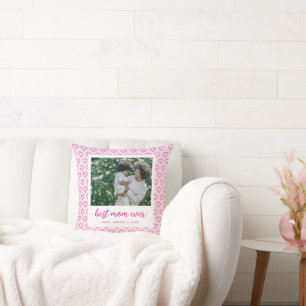 Best Mom Ever Cute Pink Heart Pattern Photo Trendy Throw Pillow