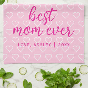 Best Mom Ever Cute Pink Heart Pattern Trendy Kitchen Towel
