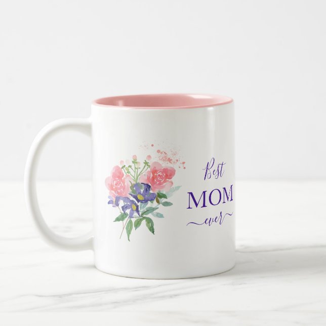 Best Mom Ever Cute Pink Purple Floral Two-Tone Coffee Mug (Left)