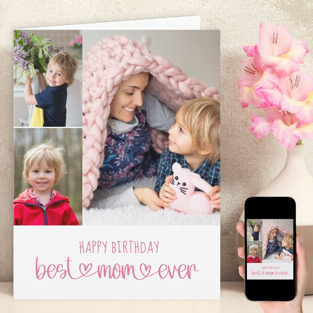 Best Mom Ever Cute Typography 3 Photo Card (Creator Uploaded)