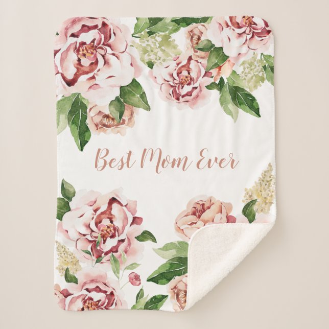 Best Mom Ever Dusty Pink Peony Floral Sherpa Blanket (Front)