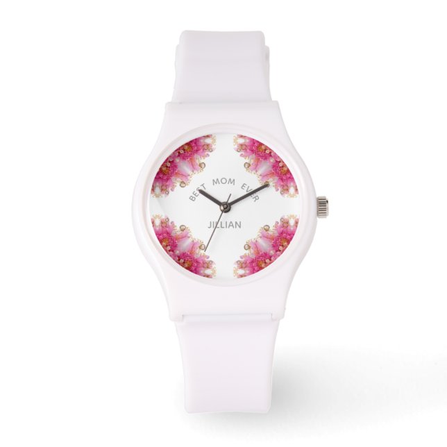 Best Mom Ever, Elegant Pink Fuchsia Floral Watch (Front)