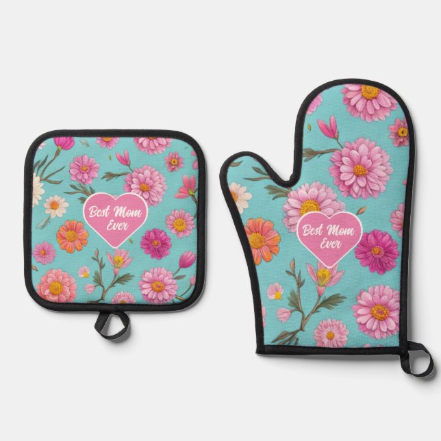 Best Mom Ever floral pink daisies pink flowers Oven Mitt & Pot Holder Set (Front)