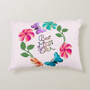 Best Mom Ever Floral Wreath Cute Butterfly Flowers Accent Pillow