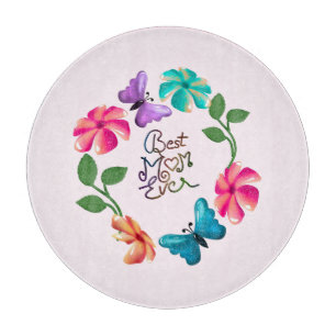 Best Mom Ever Floral Wreath Cute Butterfly Flowers Cutting Board