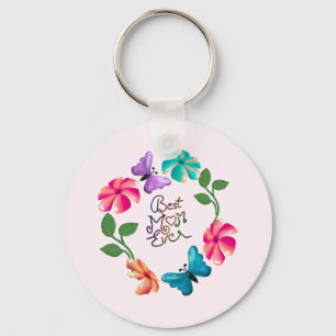 Best Mom Ever Floral Wreath Cute Butterfly Flowers Keychain
