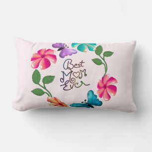 Best Mom Ever Floral Wreath Cute Butterfly Flowers Lumbar Pillow