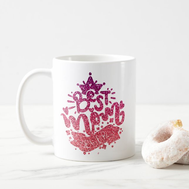 BEST MOM EVER GLITTER CUSTOM TYPOGRAPHY COFFEE MUG (With Donut)