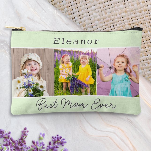 Best Mom Ever Green 3 Photos Monogrammed Accessory Pouch (A pretty accessory pouch with 3 photos, personalized name and 'Best Mom Ever' in script typography)