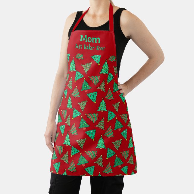 Best Mom Ever Green Christmas Trees Red Patterned Apron (Insitu)