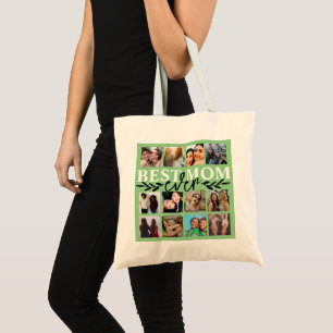 Best Mom Ever Green Photo Collage Calligraphy Tote Bag