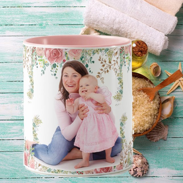 Best Mom Ever Greenery Floral Mother Baby Photo  Mug (Creator Uploaded)
