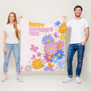Best Mom Ever Groovy Pastel Floral Mother's Day Fleece Blanket