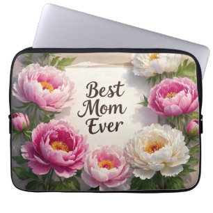 Best Mom Ever”Hand-painted peonies and cursive Laptop Sleeve