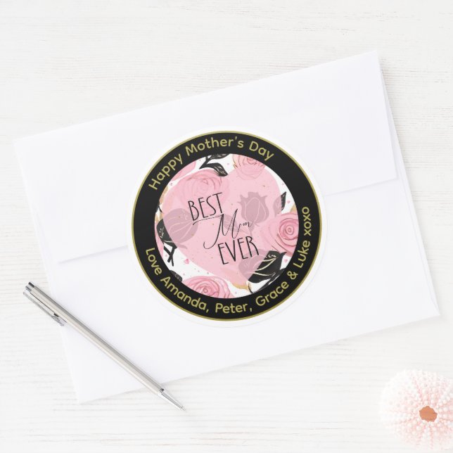 Best Mom Ever Hearts and Roses Classic Round Sticker (Envelope)