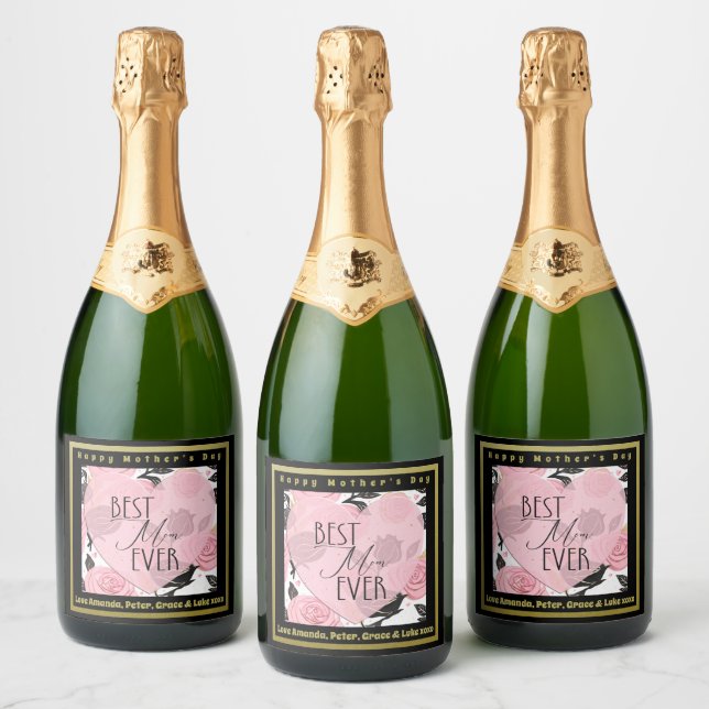 Best Mom Ever Hearts and Roses Sparkling Wine Label (Bottles)