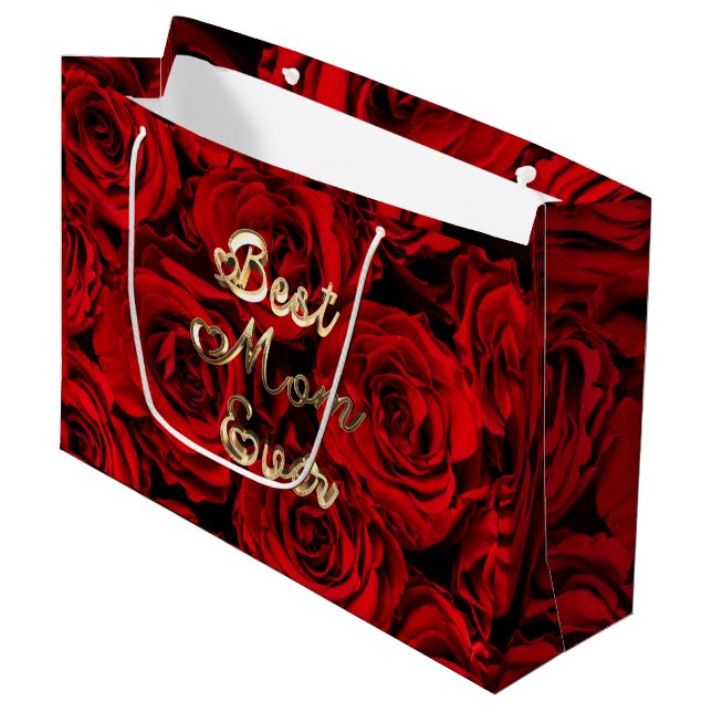Best Mom Ever Hearts Red Roses Floral Large Gift Bag (Front Angled)