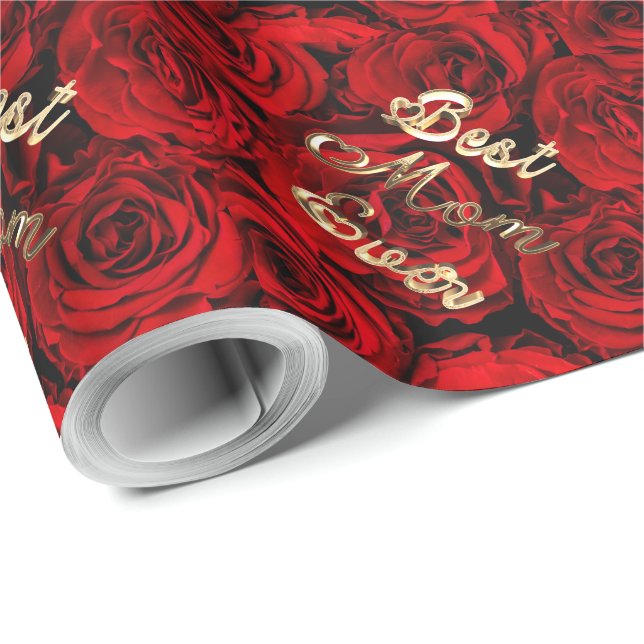 Best Mom Ever Hearts Red Roses Floral Wrapping Paper (Roll Corner)