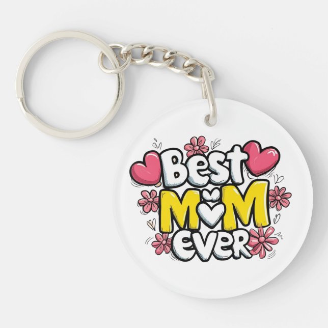 Best Mom Ever – Kawaii Doodle Style with Hearts  Keychain (Front)
