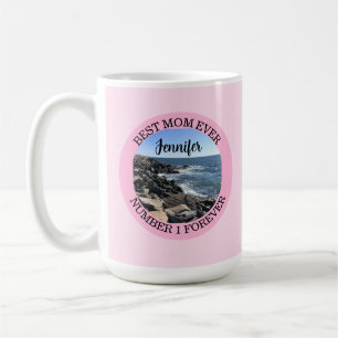 Best Mom Ever Light Pink Round Photo Ocean Name Coffee Mug