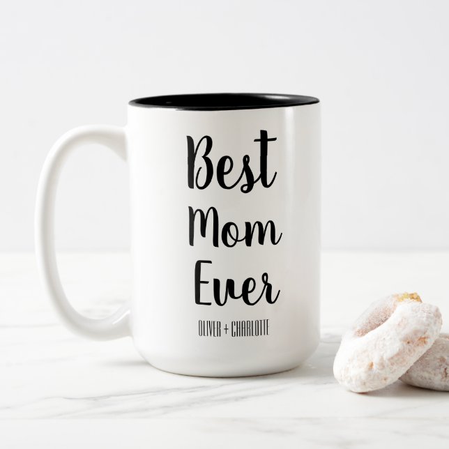 Best Mom Ever Modern Mommy Kids Names Mother's Day Two-Tone Coffee Mug (With Donut)