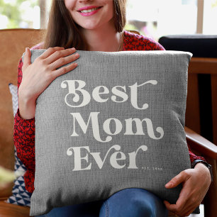 Best Mom Ever Modern Rustic Grey Linen Typography Throw Pillow