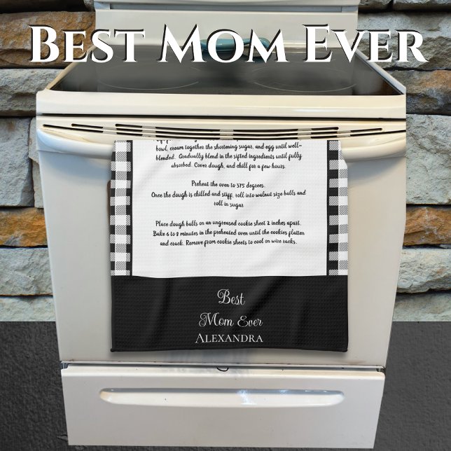 Best Mom Ever, monogram black white buffalo plaid Kitchen Towel (Creator Uploaded)