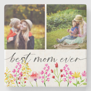 Best Mom Ever Mother's Day Photo Collage Floral Stone Coaster