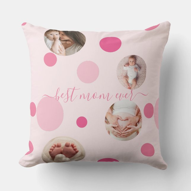 Best Mom ever Mother's Day Photo Pink polka Dots Throw Pillow (Front)