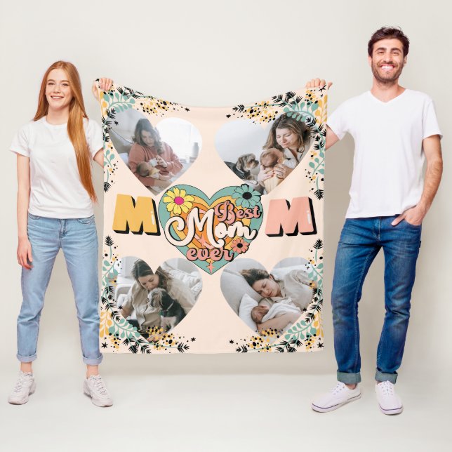 Best Mom Ever Multi Heart shape Photo Fleece Blank Blanket (In Situ)
