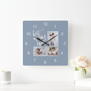Best Mom Ever Mum 3 Photos Script Dusty Blue Square Wall Clock