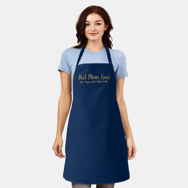 Best Mom Ever navy blue gold script personalized Apron (Worn)
