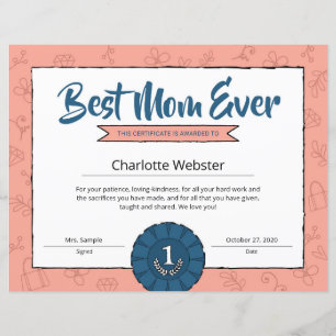 Best Mom Ever Parent Certificate Mother’s DayAward