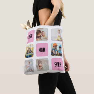 Best Mom Ever Personalize 6 Photo Collage on White Tote Bag