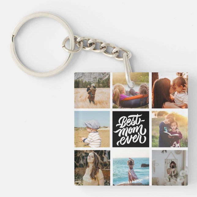 Best Mom Ever Personalized Photo Collage Black Keychain (Front)