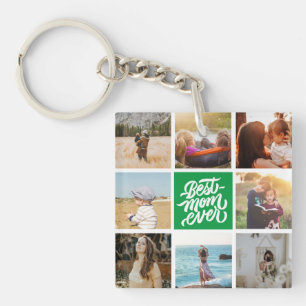 Best Mom Ever Personalized Photo Collage Green Keychain