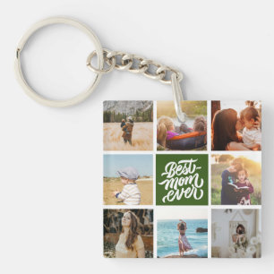 Best Mom Ever Personalized Photo Collage Green Keychain