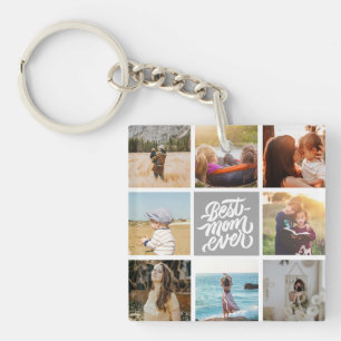Best Mom Ever Personalized Photo Collage Grey Keychain