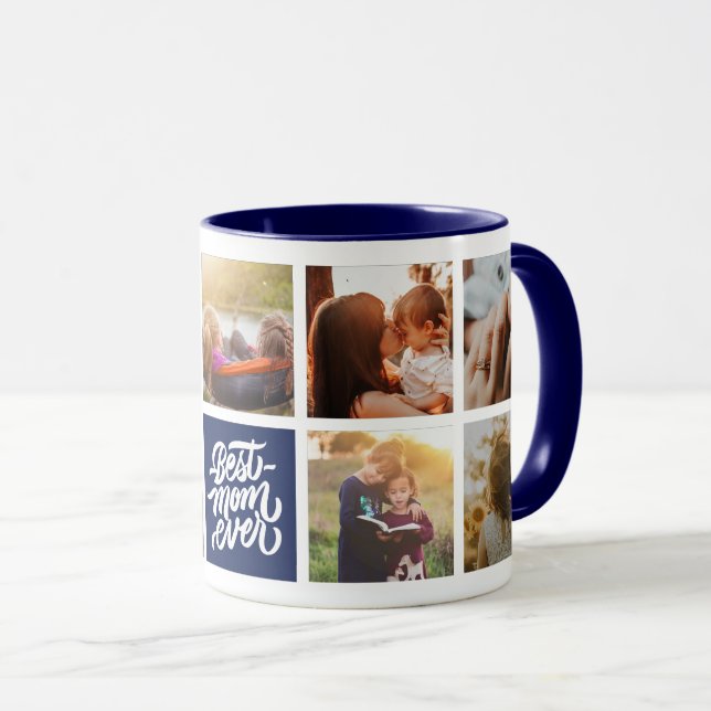 Best Mom Ever Personalized Photo Collage Navy Blue Mug (Front Right)